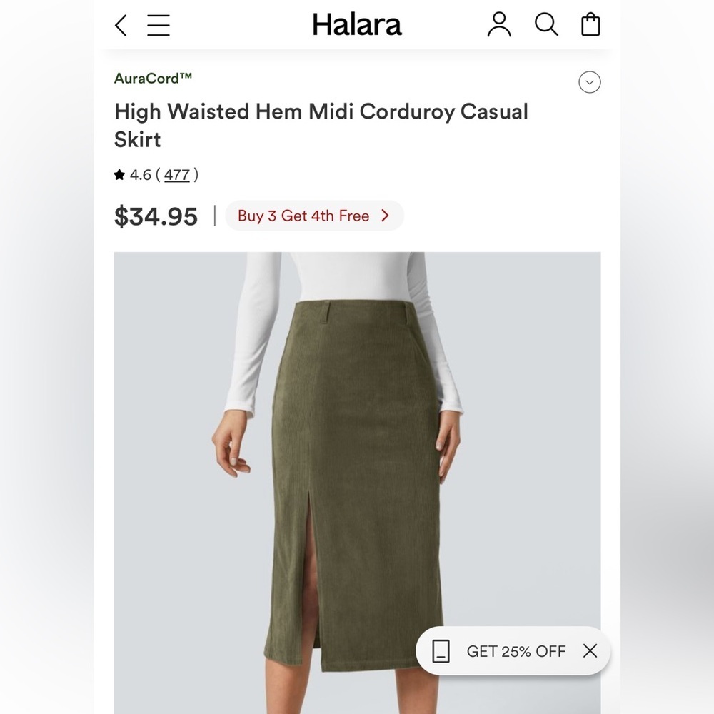 Halara Large Olive Green Corduroy Midi Skirt NWT